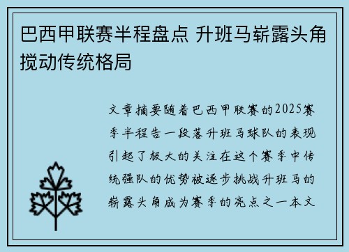 巴西甲联赛半程盘点 升班马崭露头角搅动传统格局