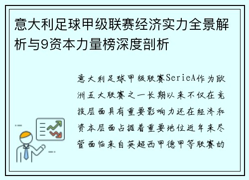 意大利足球甲级联赛经济实力全景解析与9资本力量榜深度剖析